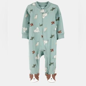 Carters EUC 9 Month Puppy Dog Sleep Play 2 Way Zip  Footie Pajamas Green Unisex